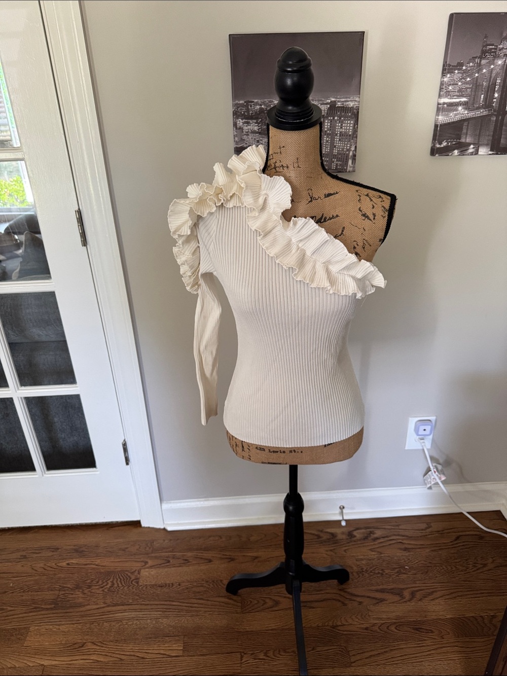 Zimmermann Cream One-Shoulder Ruffle Ribbed Top